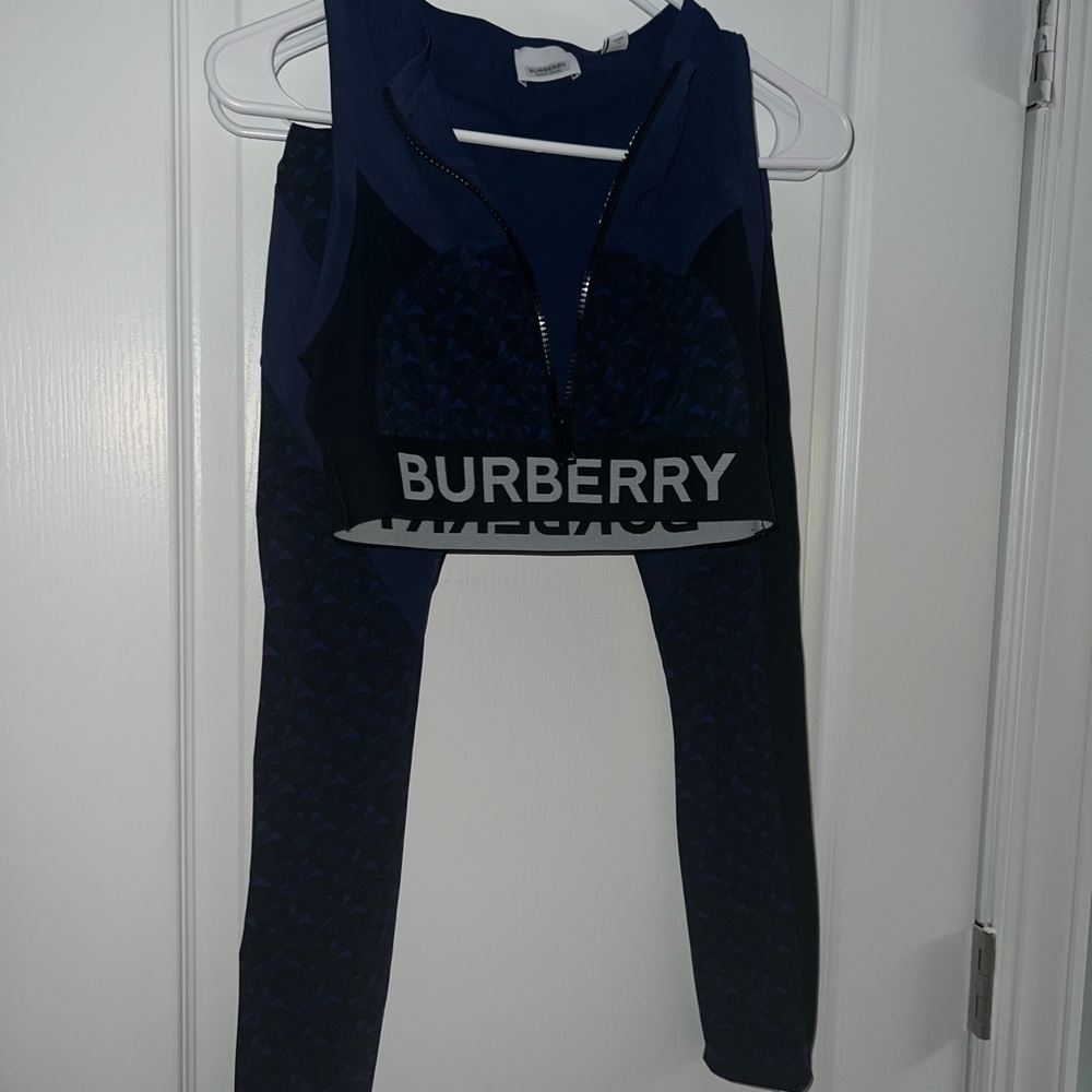 TB monogram-print zip-up cropped top w/ matching pants active wear - Picture 2 of 8